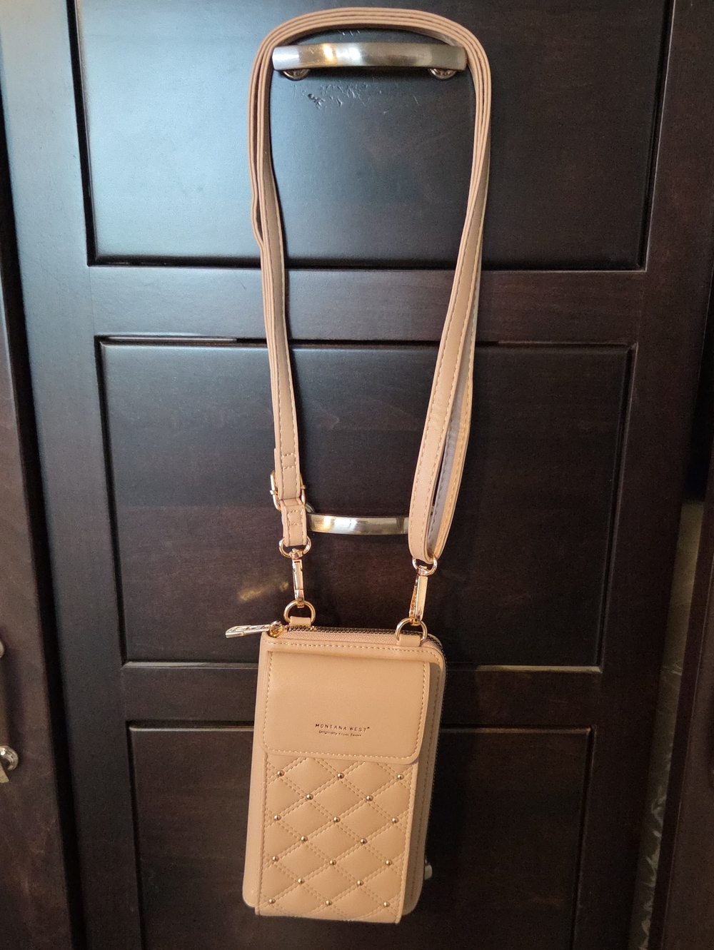 Montana West Quilted Studded Cell Phone Crossbody Purse - Tan / Khaki - NWOT